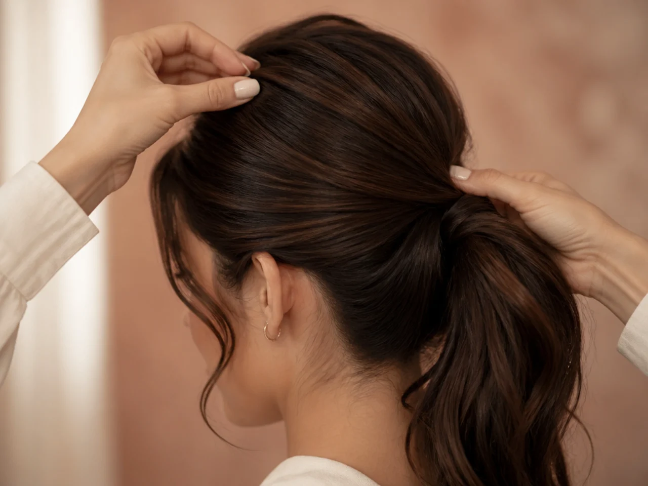 A lifted crown section being laid over a gathered ponytail