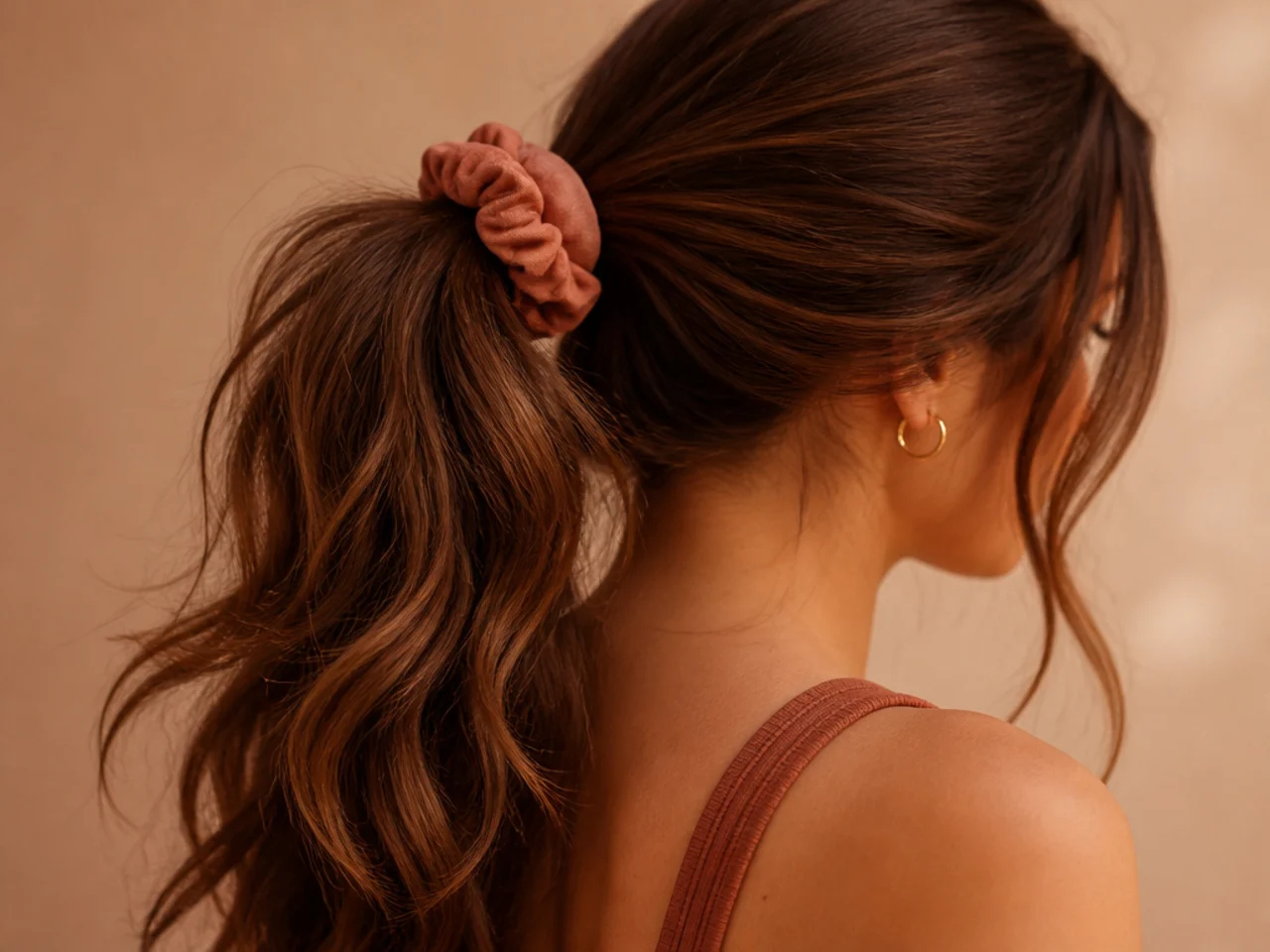 A fabric scrunchie holding a ponytail on long layered hair