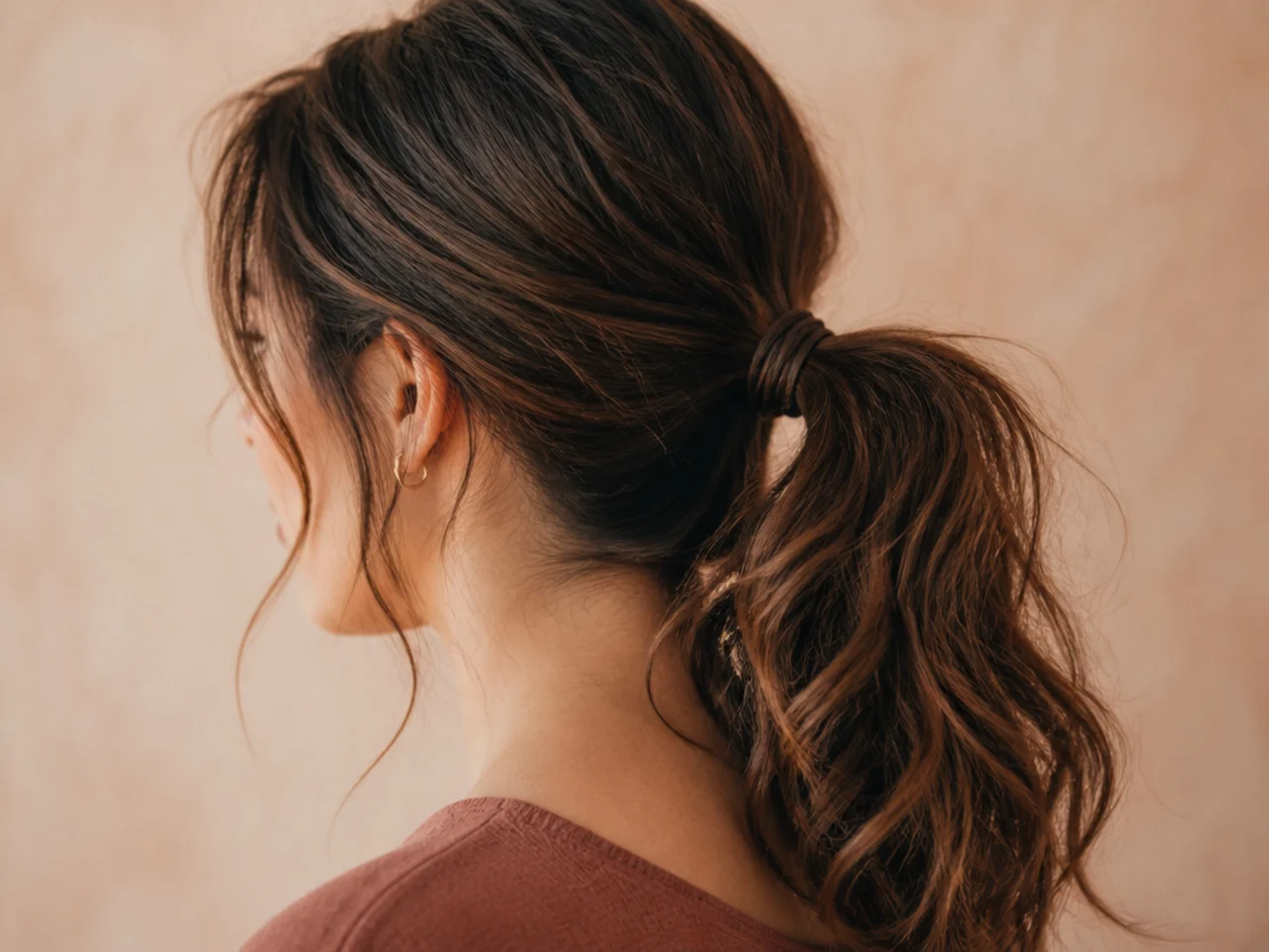 An elastic wrapped twice around the base of a layered ponytail
