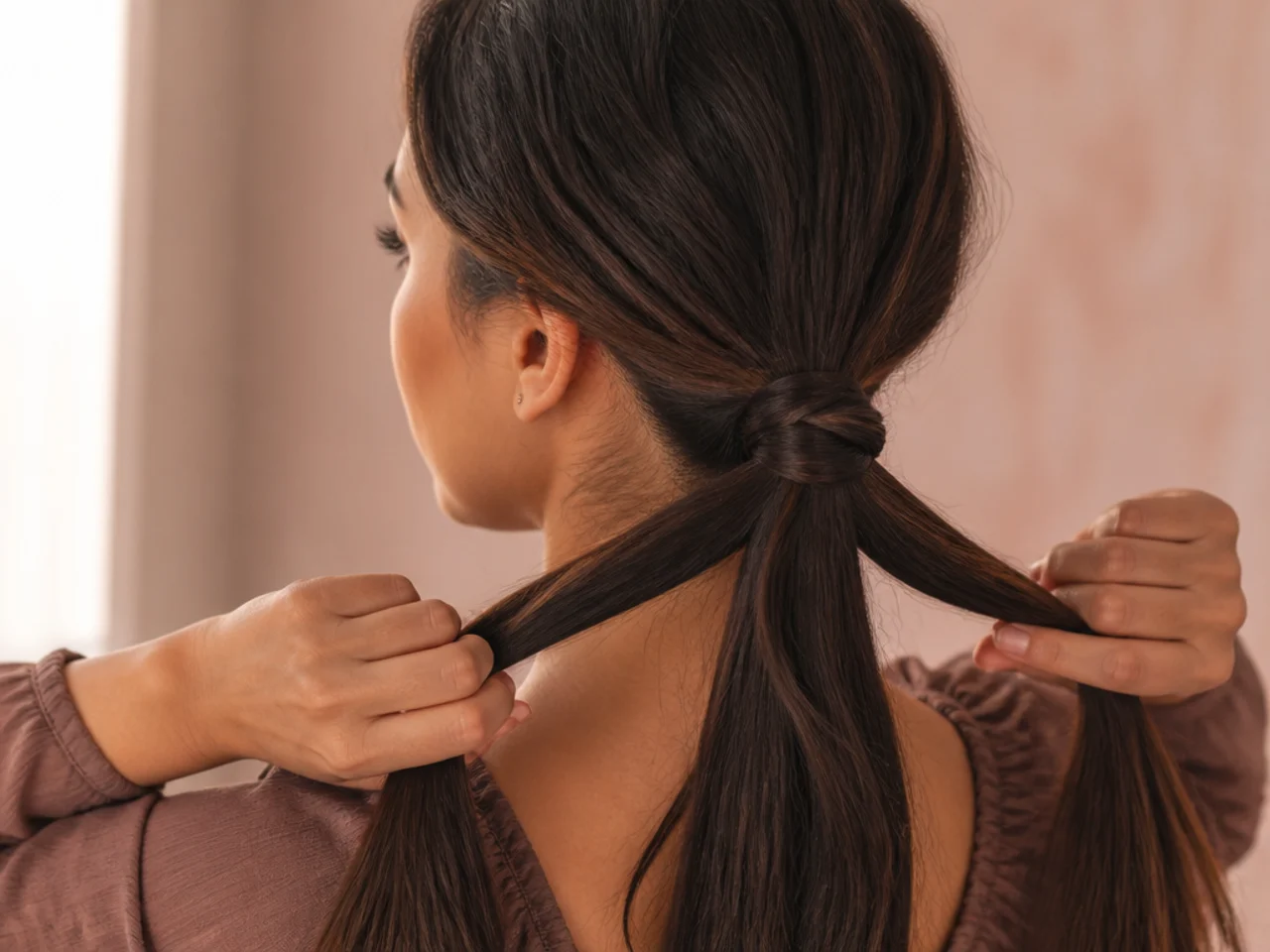 A ponytail base being split in two and pulled down to tighten