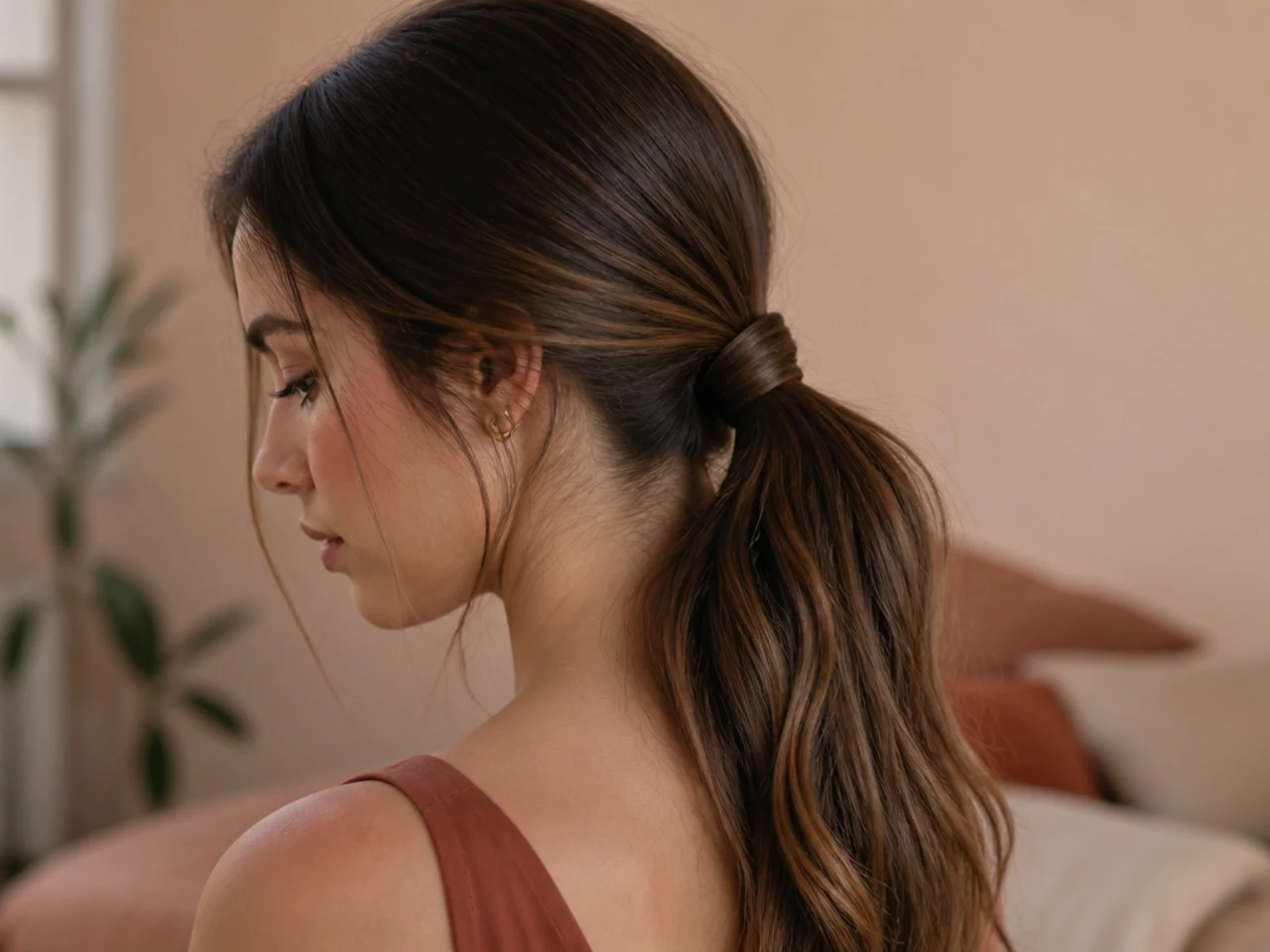 A strand of hair wound around the base of a ponytail to hide the elastic