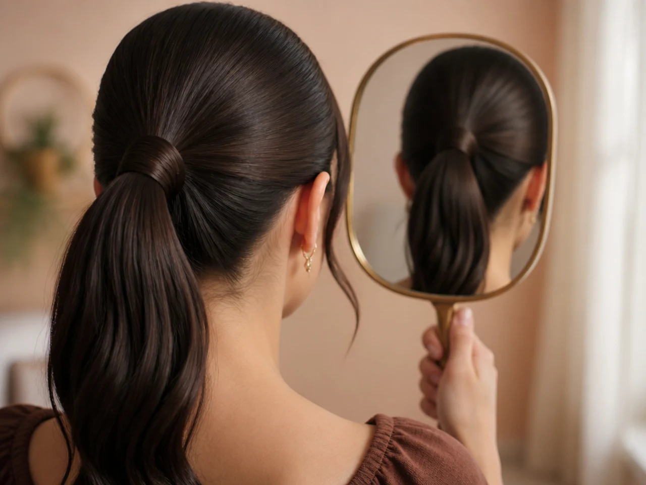 The nape of a finished ponytail checked in a hand mirror