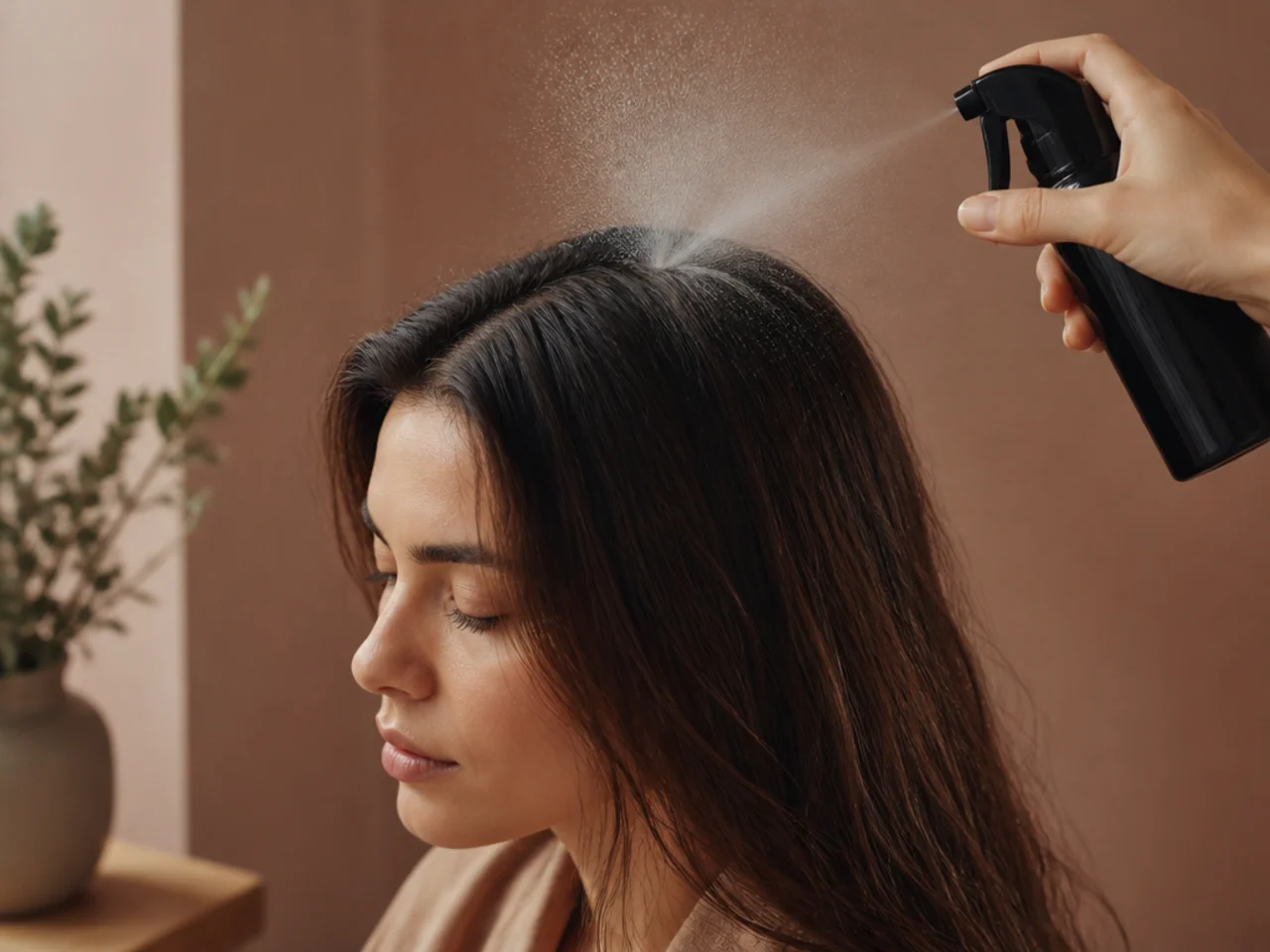 A fine mist of water being applied to the crown of long hair