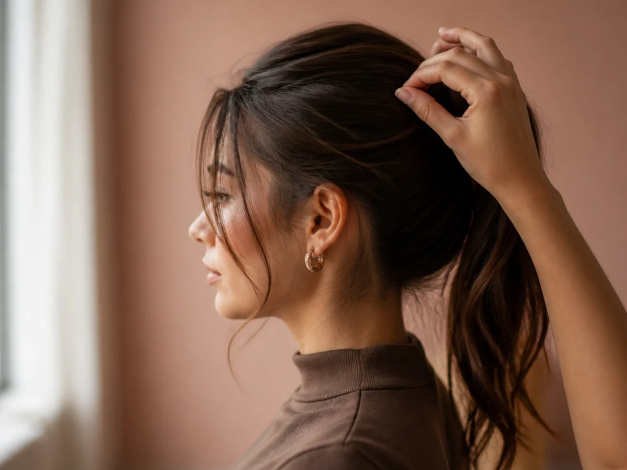 A hand marking the intended ponytail height at the back of the head