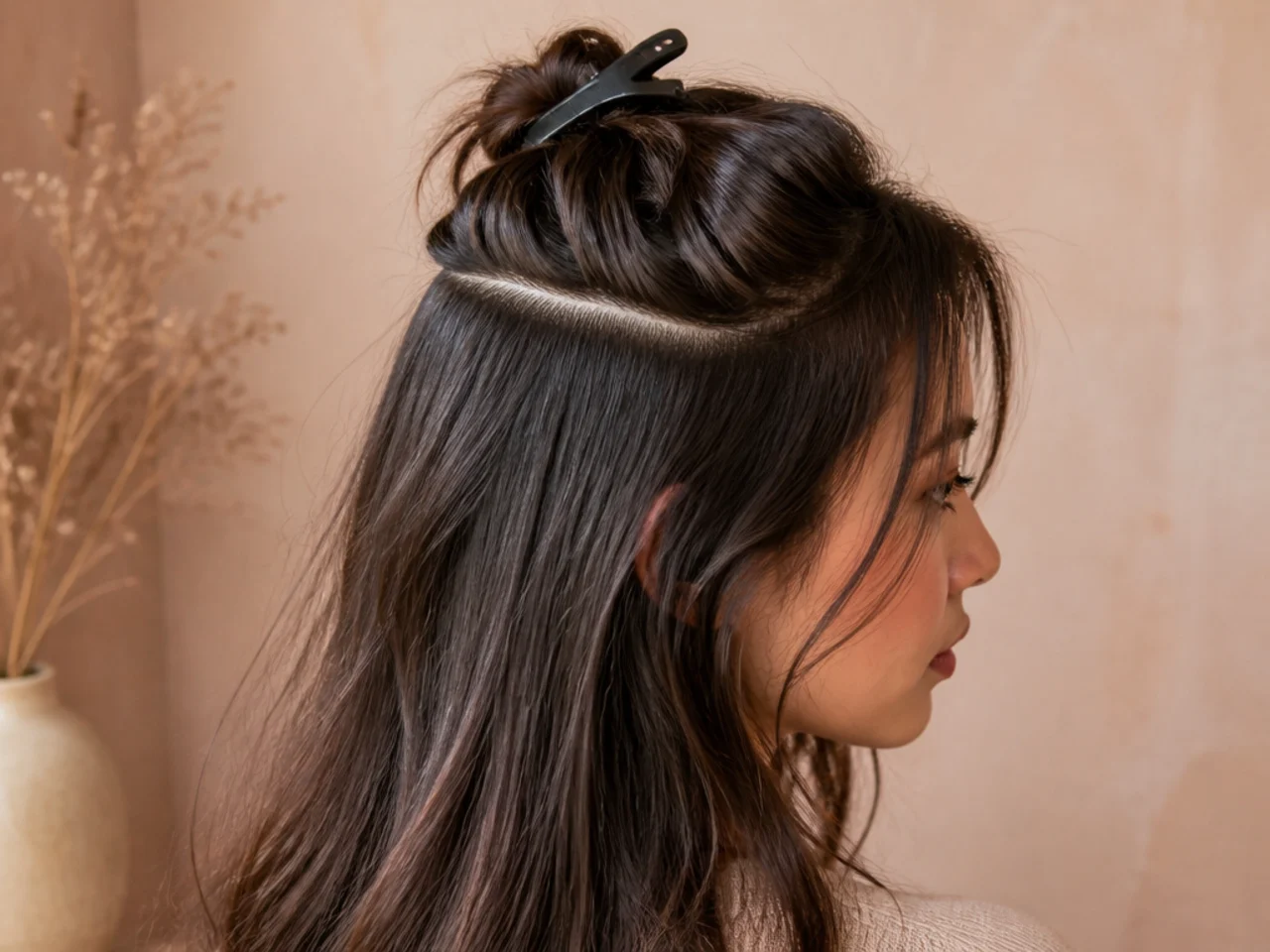 The crown section clipped away from the rest of long layered hair
