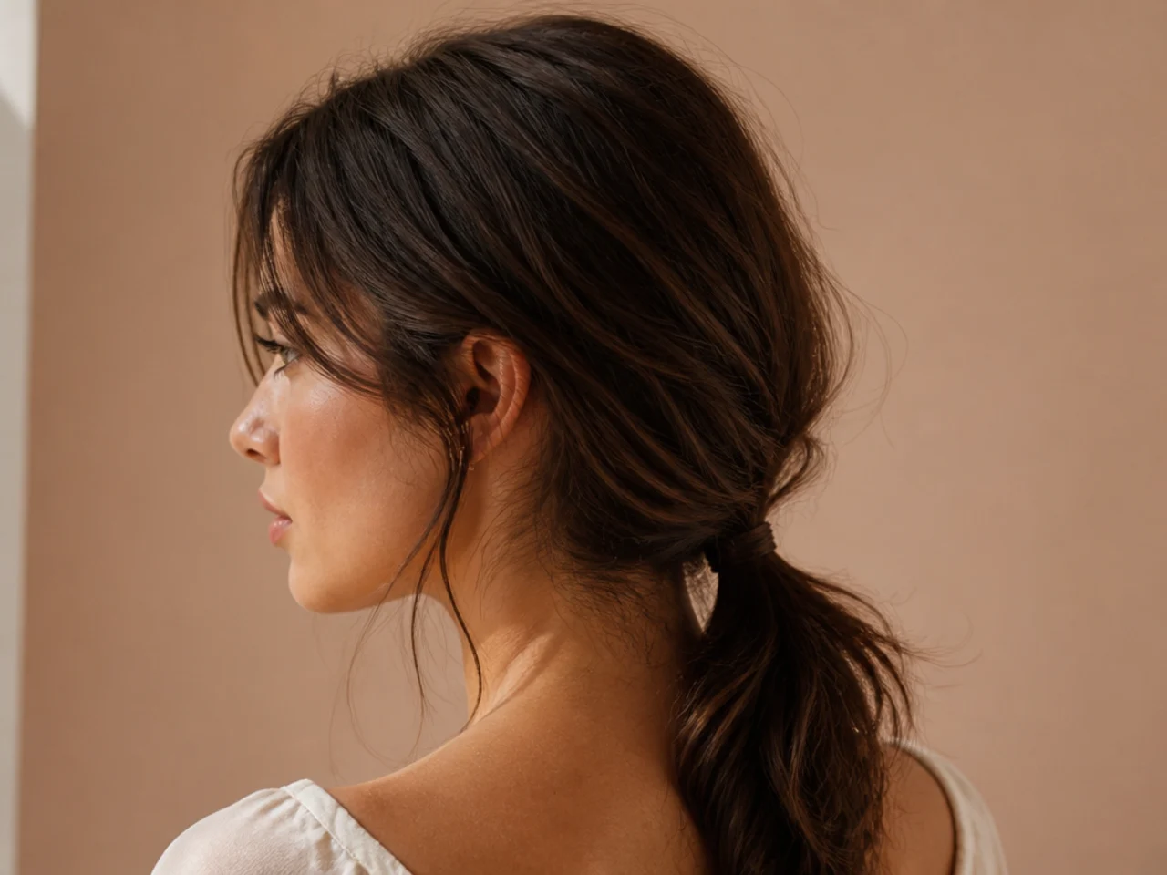 A slipping low ponytail with short crown layers escaping around the base