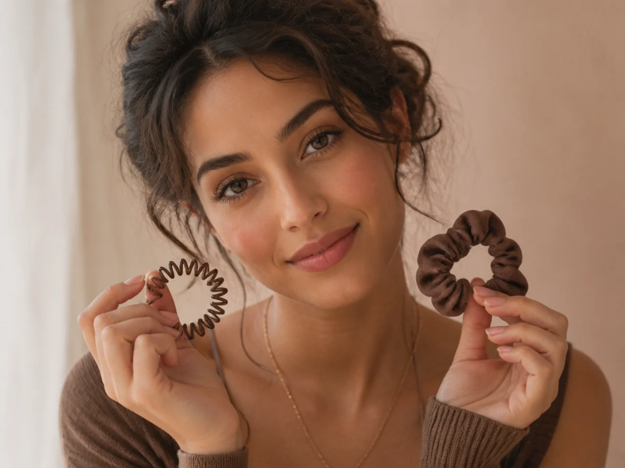 A spiral coil hair tie beside a fabric scrunchie