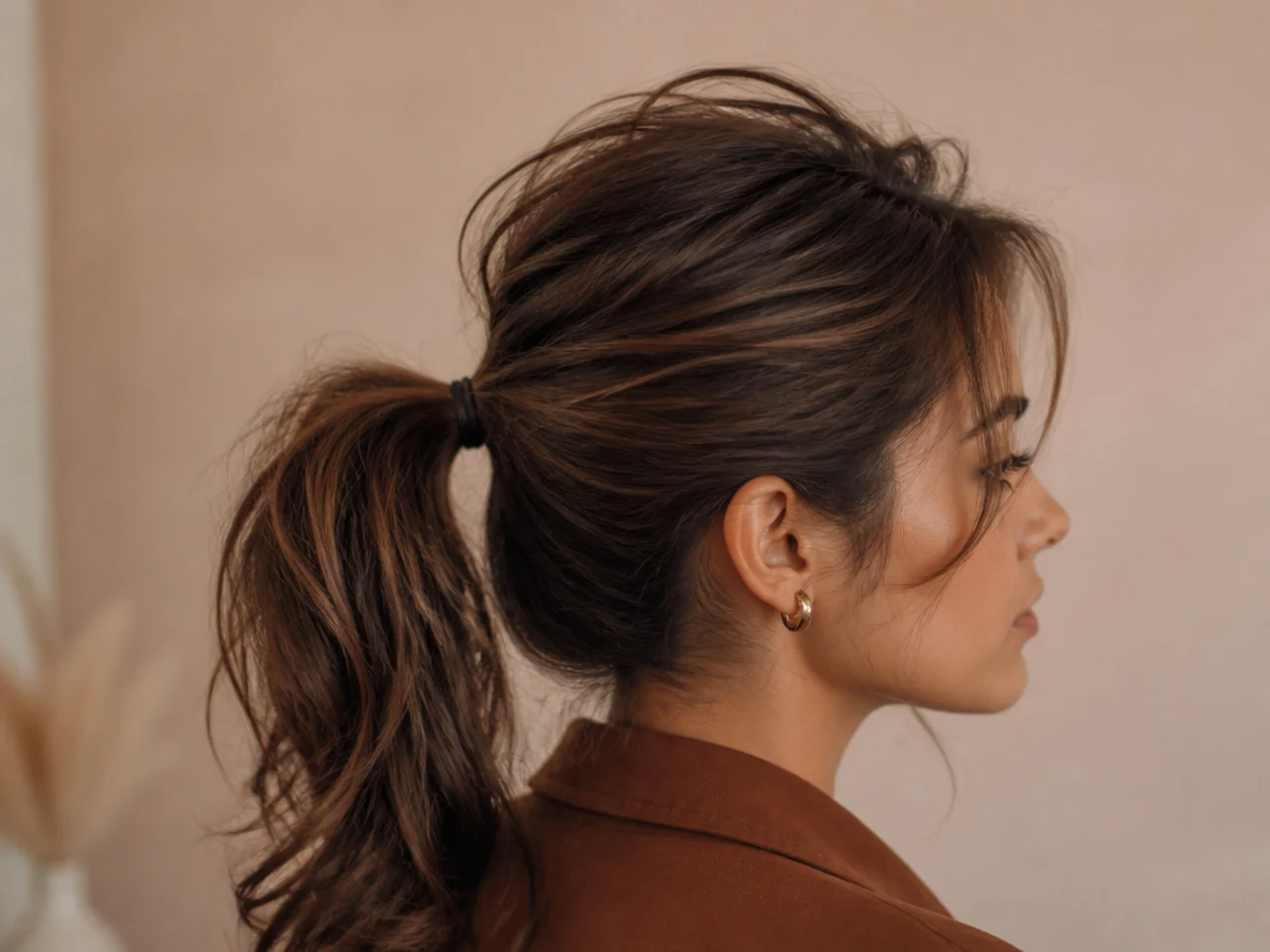 Short crown layers standing away from the base of a gathered ponytail