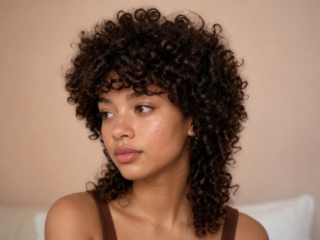 Tightly coiled hair shaped into a wolf cut with round crown volume