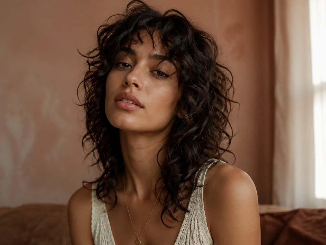 Fine curly hair in a wolf cut with soft long layers and gentle volume