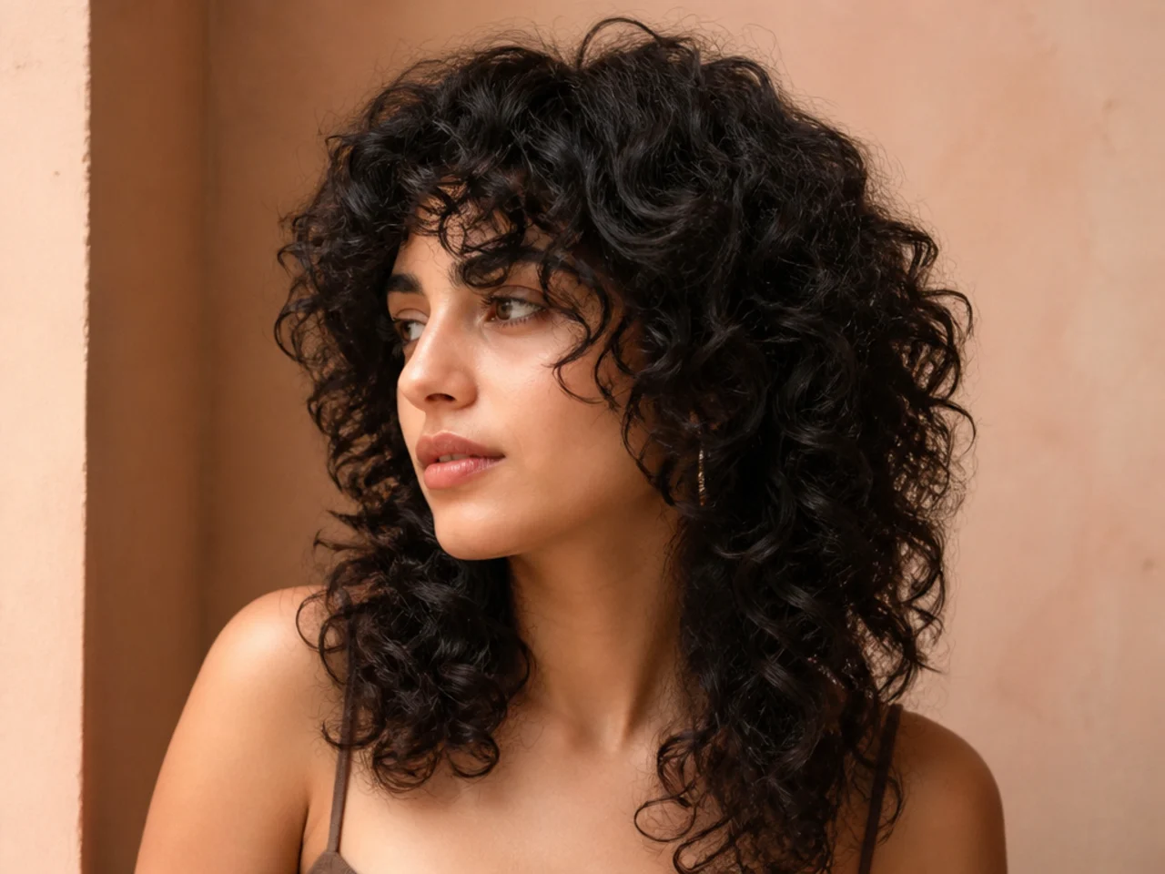 Very thick curly hair cut into a controlled wolf cut shape