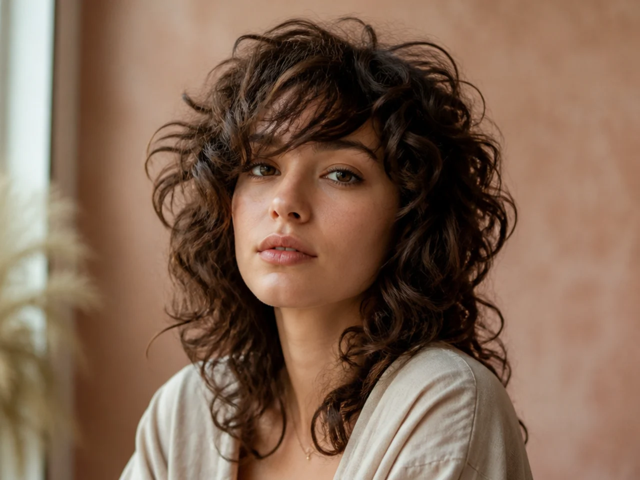 Curly wolf cut with a fringe swept diagonally across the forehead