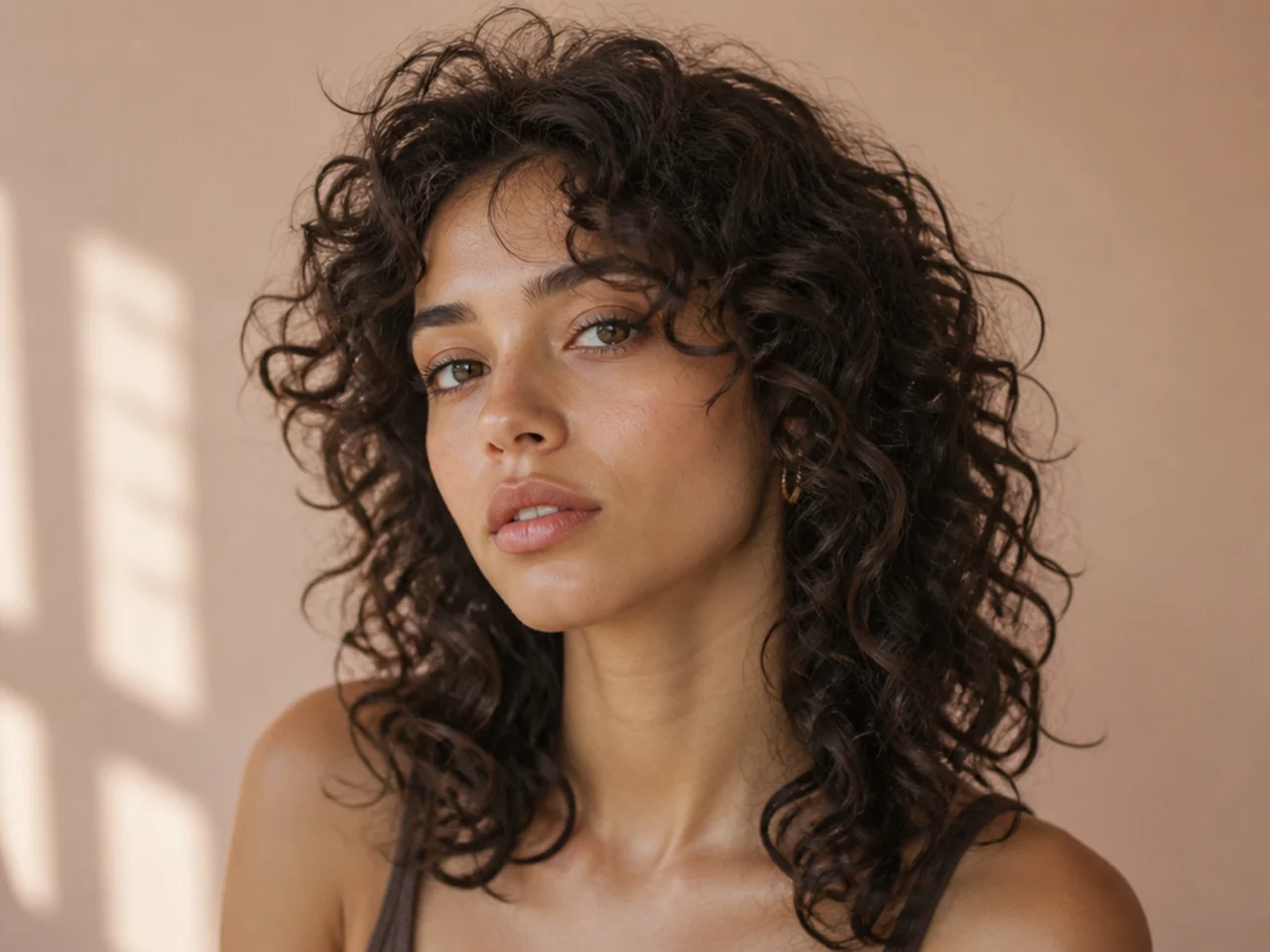 Curly wolf cut with an open forehead and no fringe