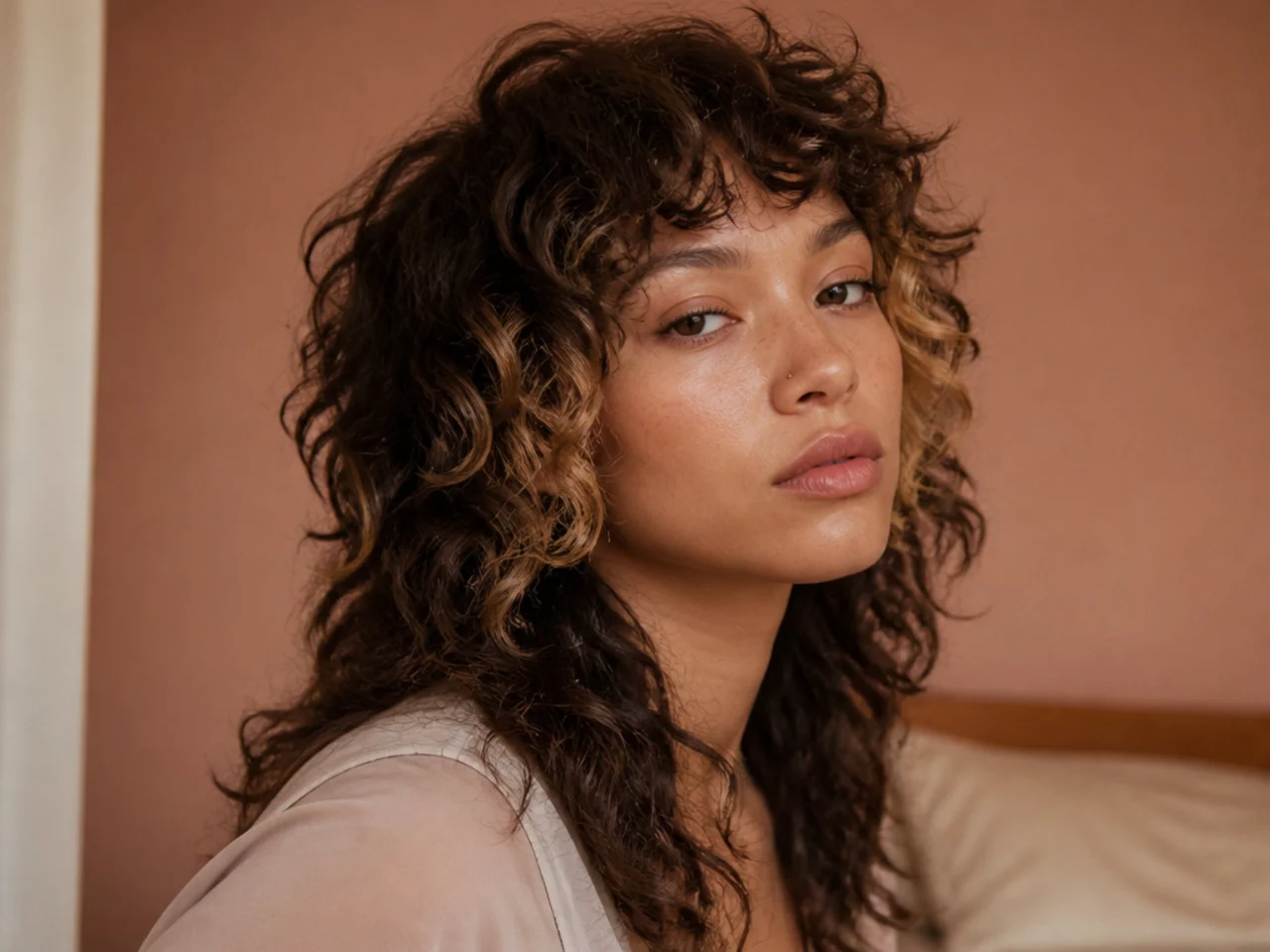Curly wolf cut with two narrow lightened strips framing the face