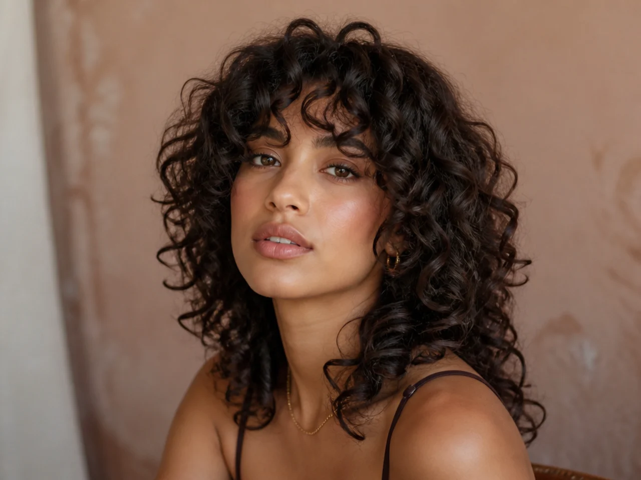 Curly wolf cut with short face framing curls sitting level with the cheekbones