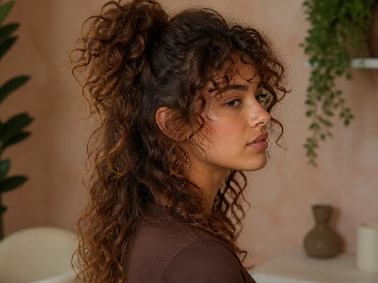 Curly wolf cut worn half up with volume gathered at the crown