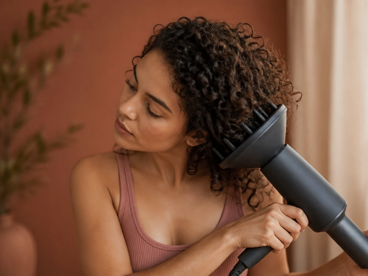 Curls being lifted toward the scalp with a diffuser attachment