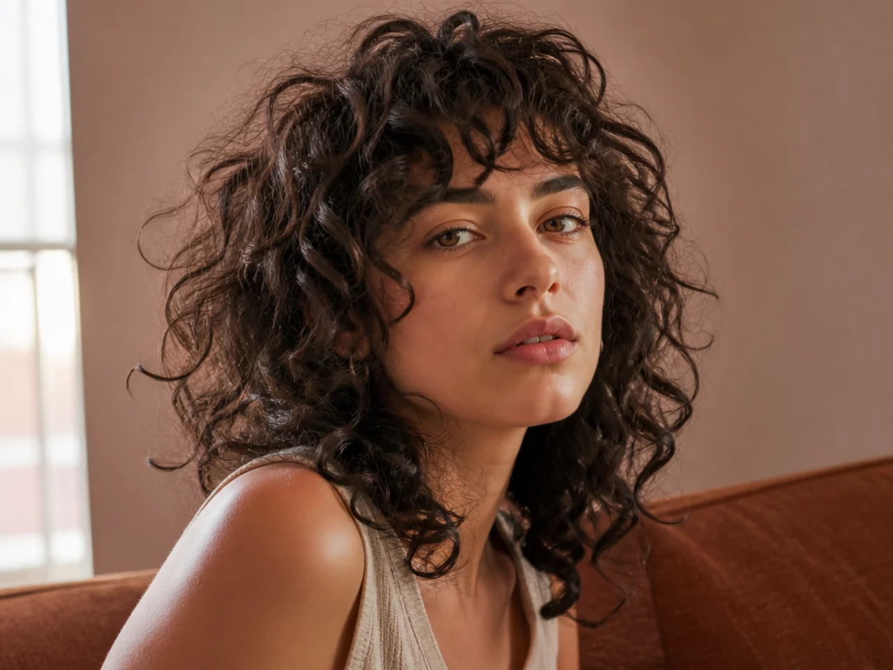 A grown out curly wolf cut spreading wider at the sides than the crown