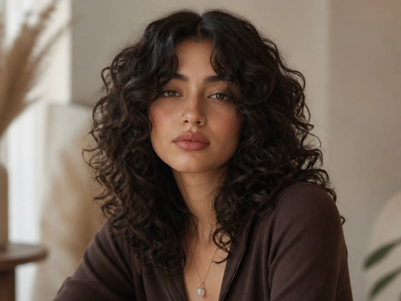 Curly wolf cut parted down the centre with volume split evenly
