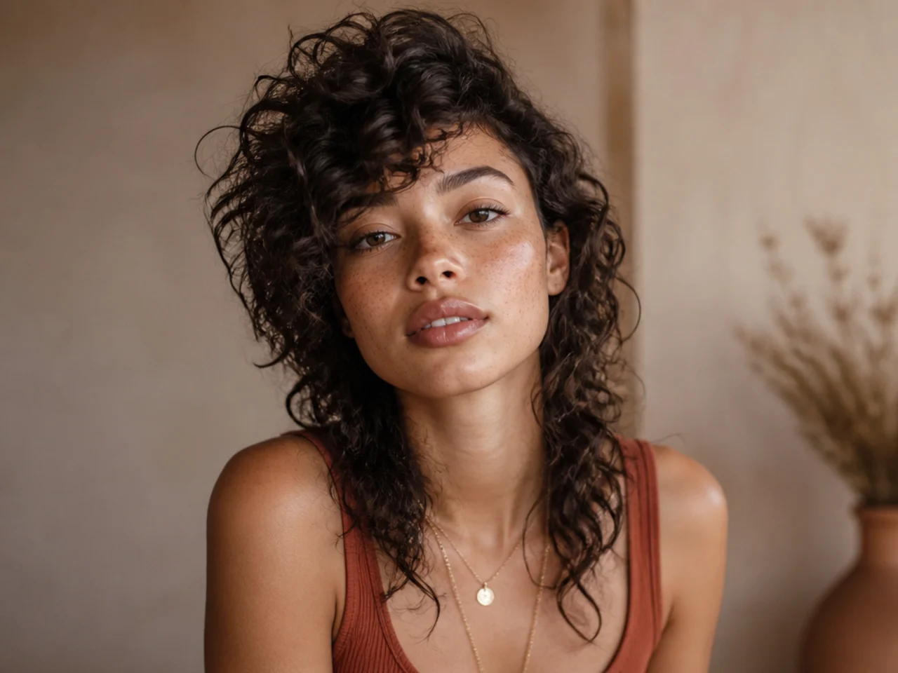 Curly wolf cut with a deep side parting and lifted volume on one side
