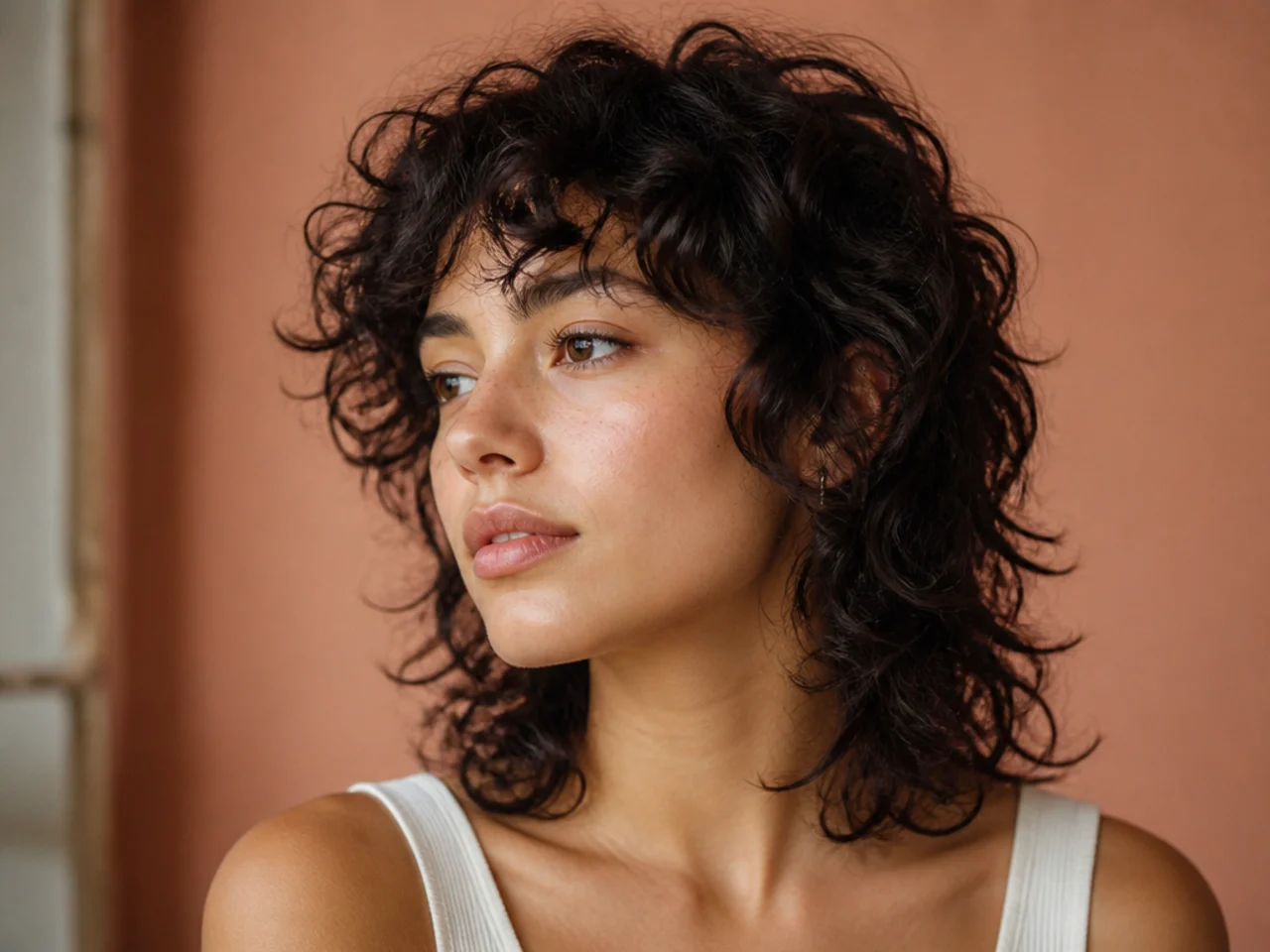 Curly wolf cut with the ends finishing at the collarbone