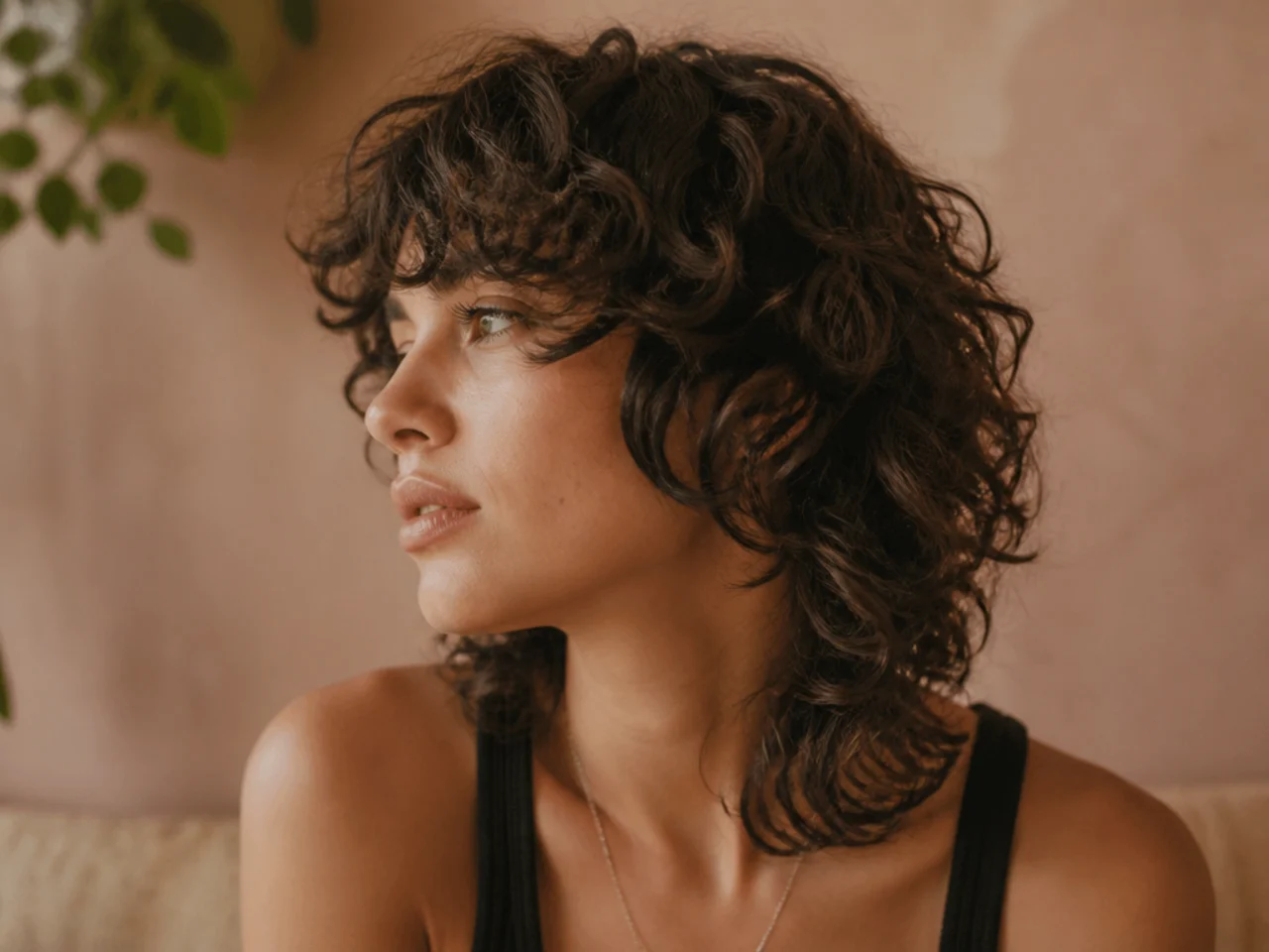 Curly wolf cut with a slim profile through the sides and full crown