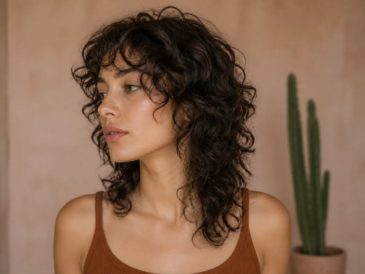 Curly wolf cut with a narrow tapering outline from crown to ends