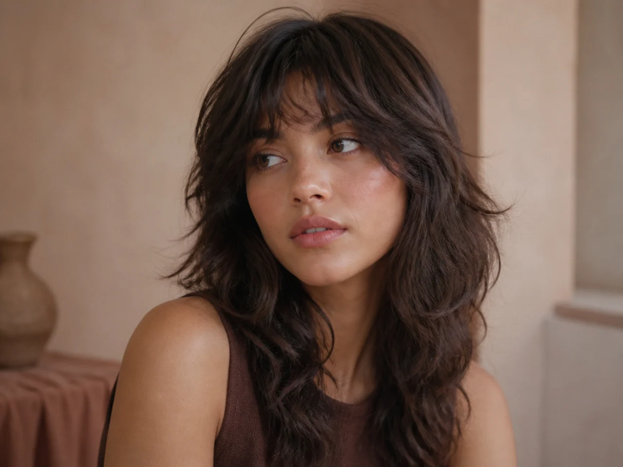 Loose wavy hair cut into a wolf cut with soft vertical movement