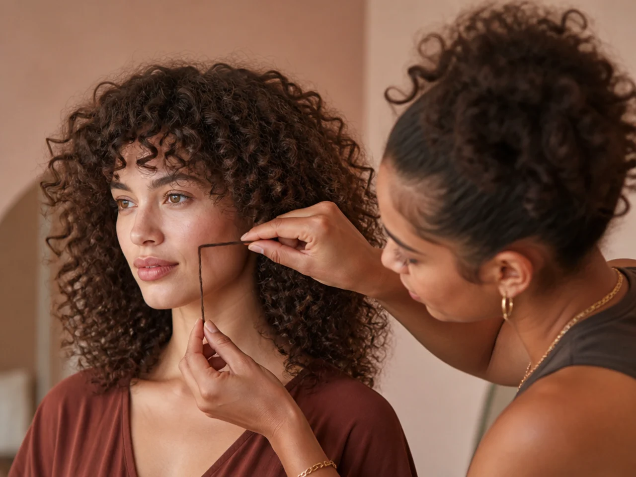 A stylist measuring a dry curl against the cheekbone before cutting