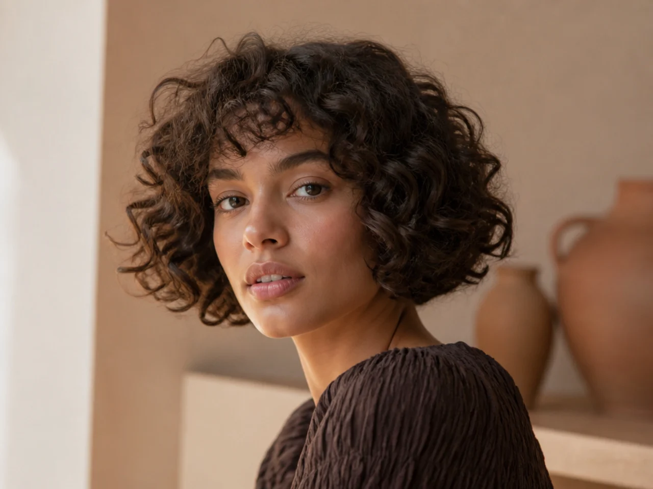 A curly haircut where the widest curls sit level with the cheeks