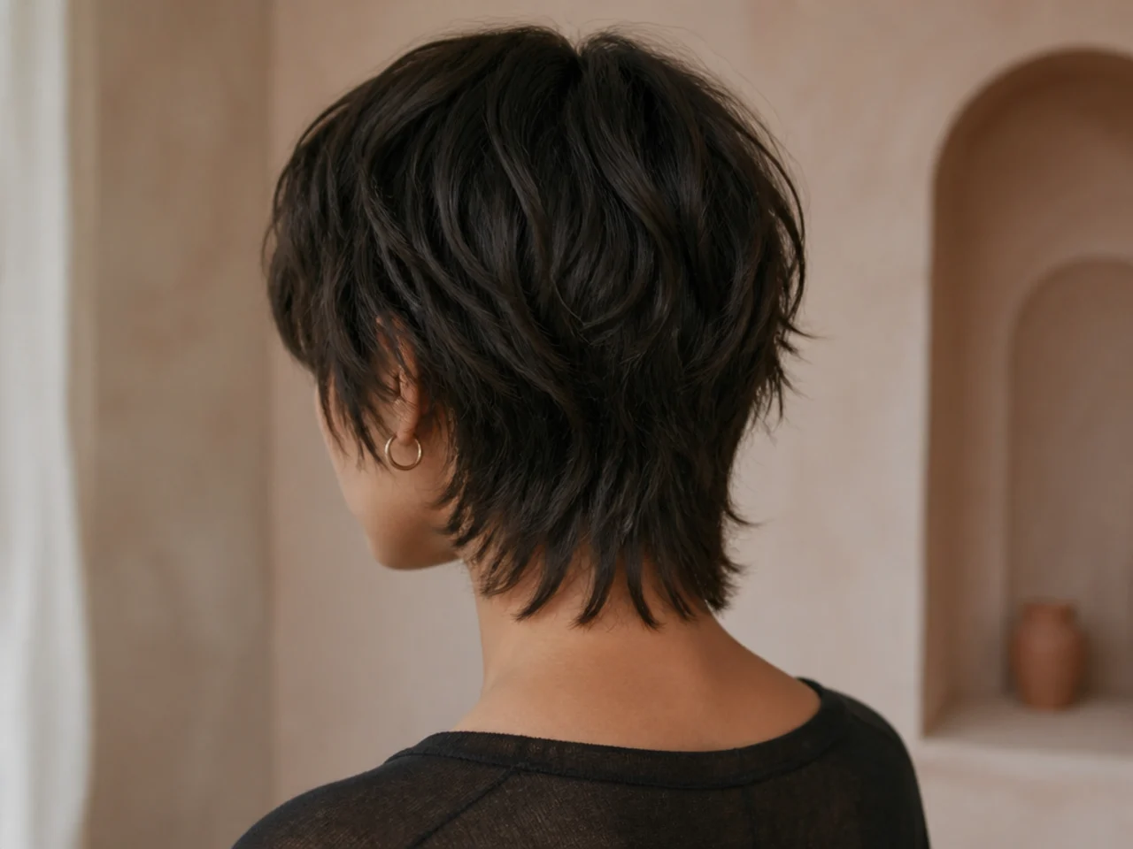 Back view of a short wolf cut with a softly tapered nape