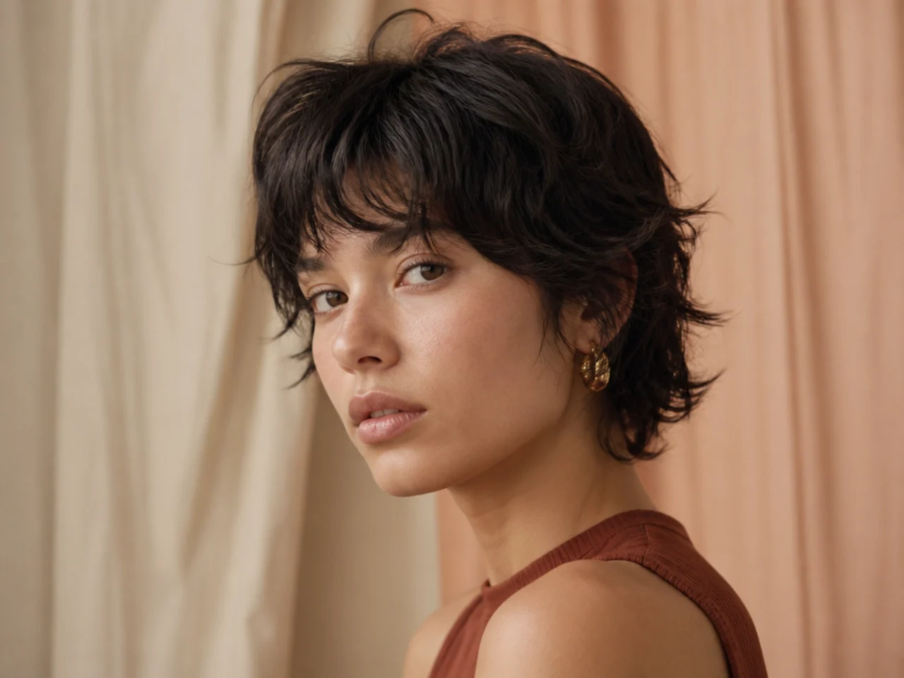 Short wavy wolf cut with soft lifted movement at the crown