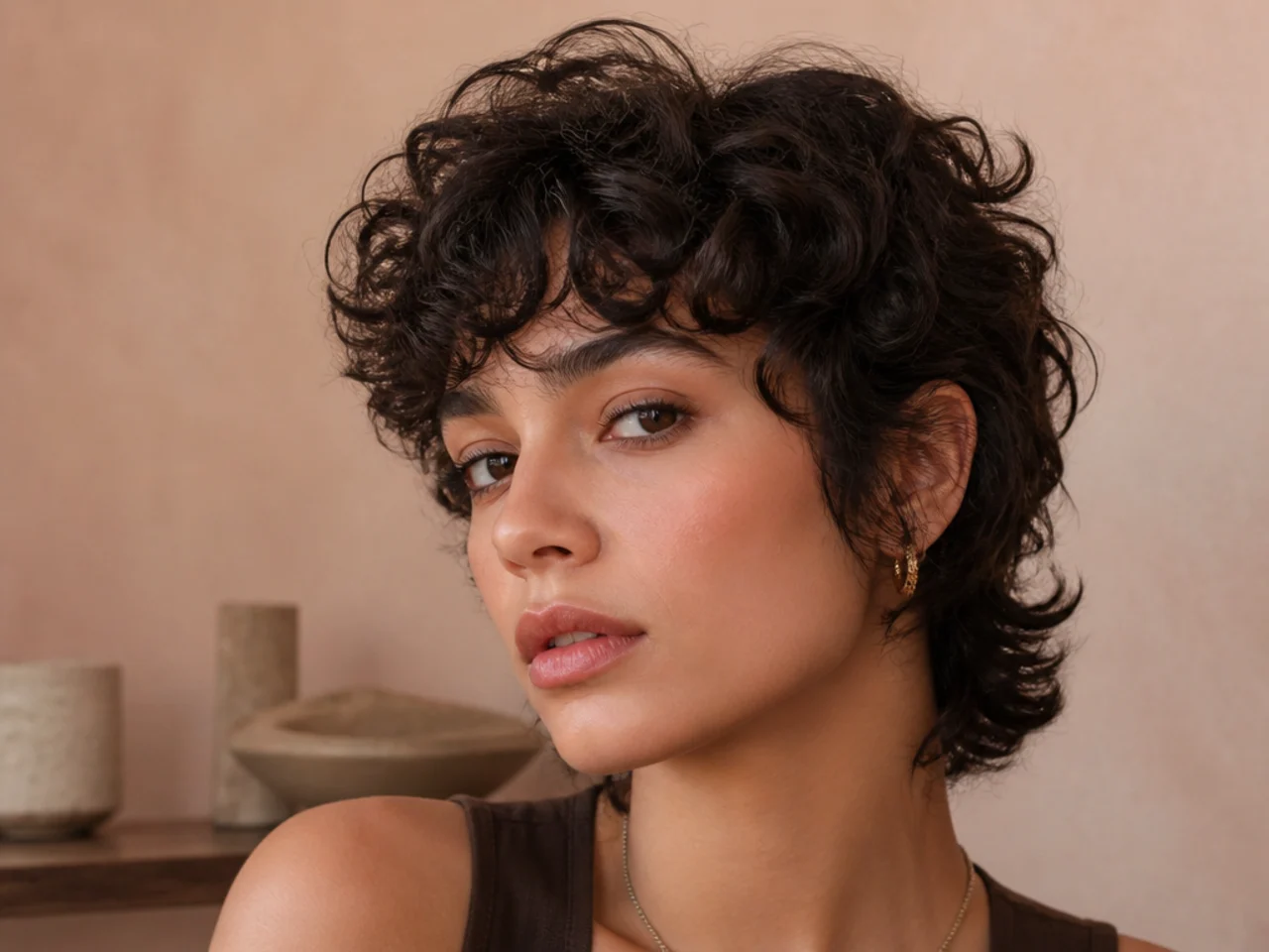 Short curly wolf cut with defined coils and crown height