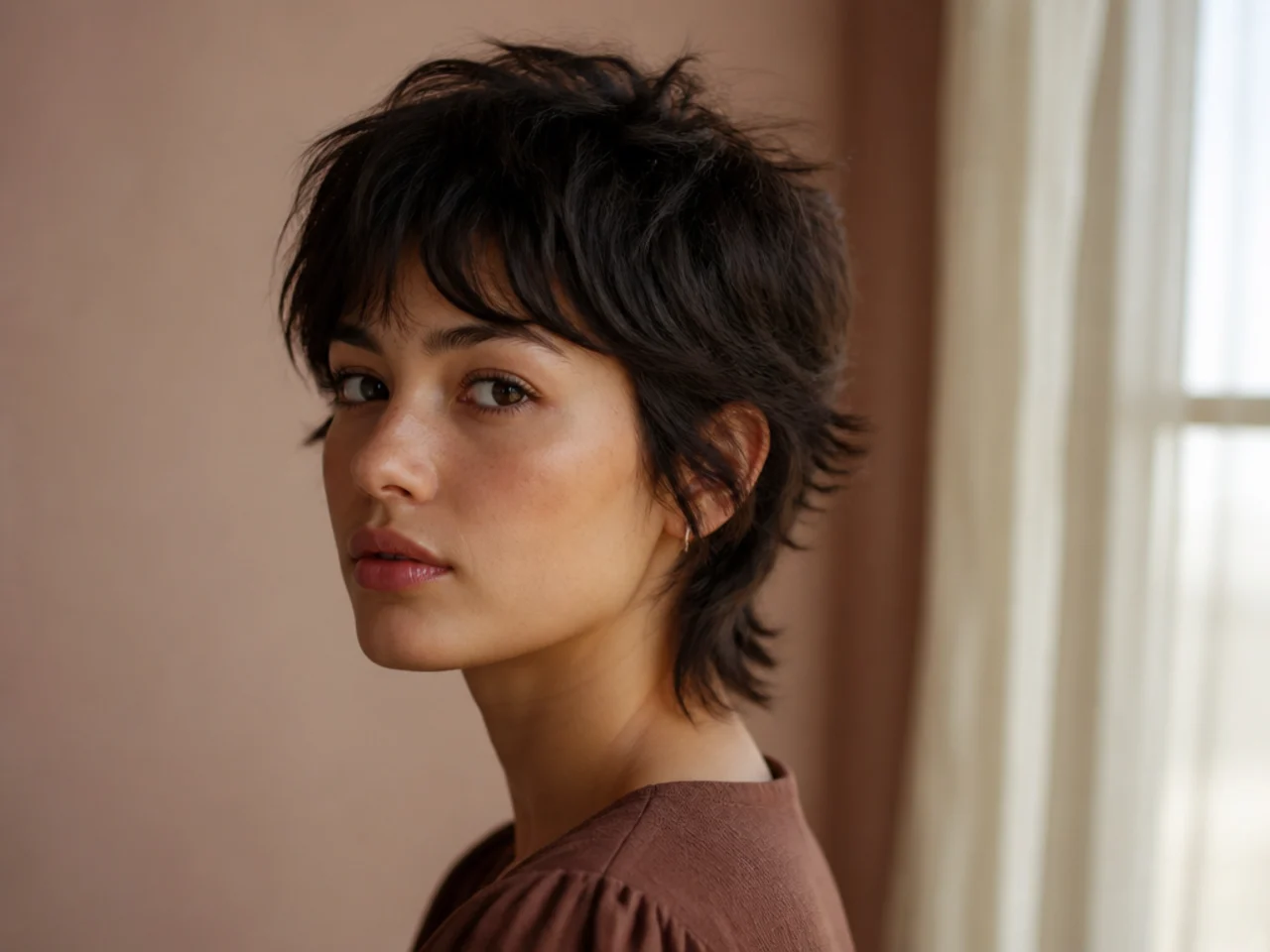 Short wolf cut with choppy upright pieces across the crown