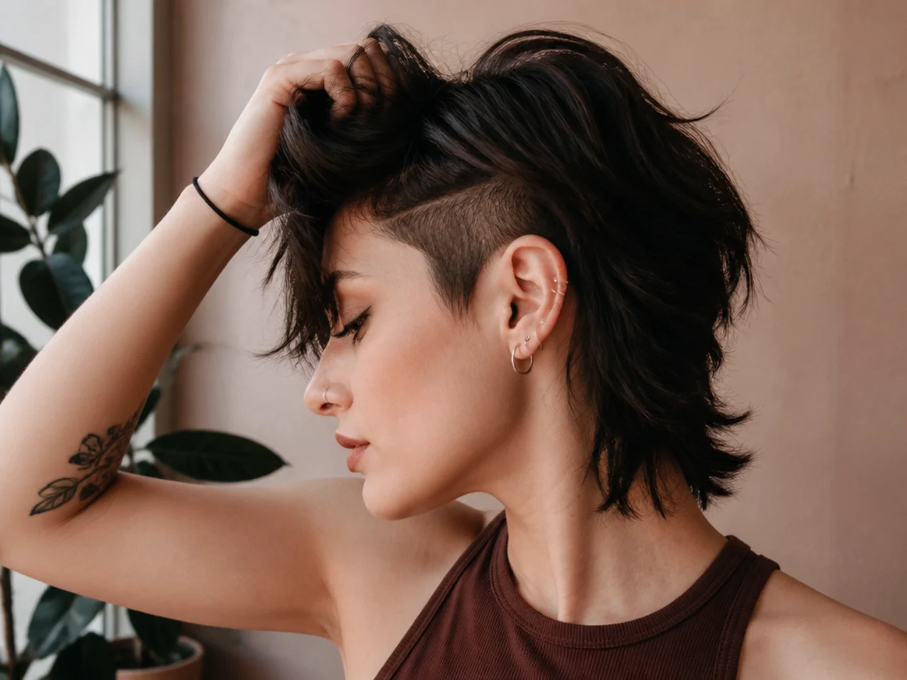 Short wolf cut lifted to reveal a hidden undercut section