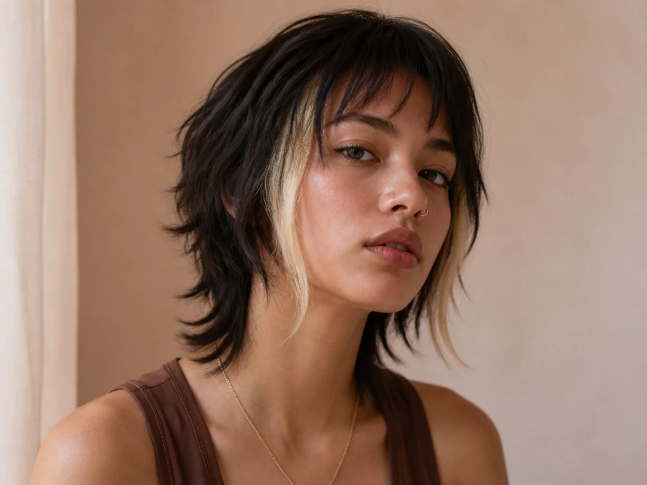 Short wolf cut with two narrow bright strips framing the face