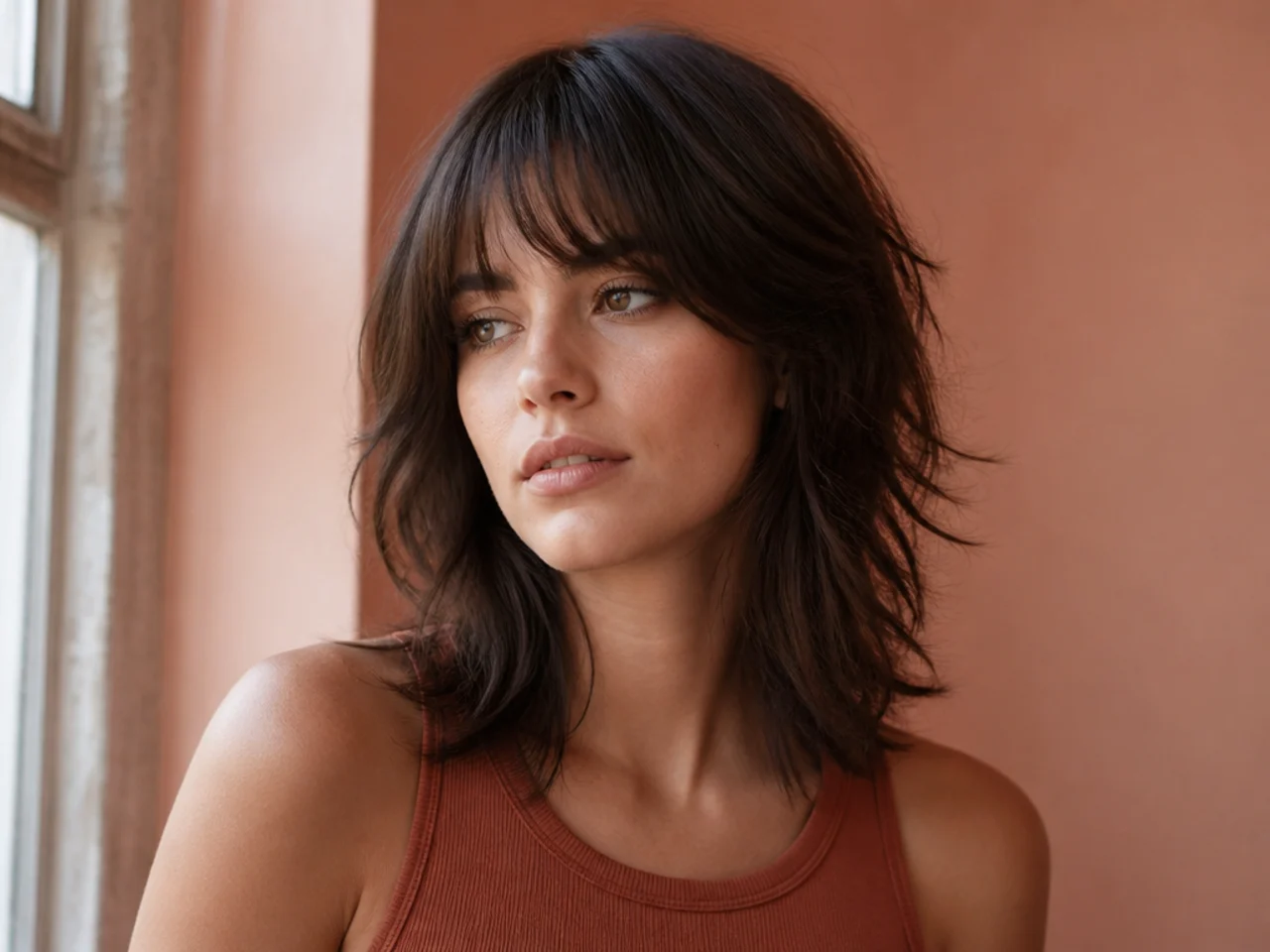 A wolf cut lob with the ends falling at the collarbone