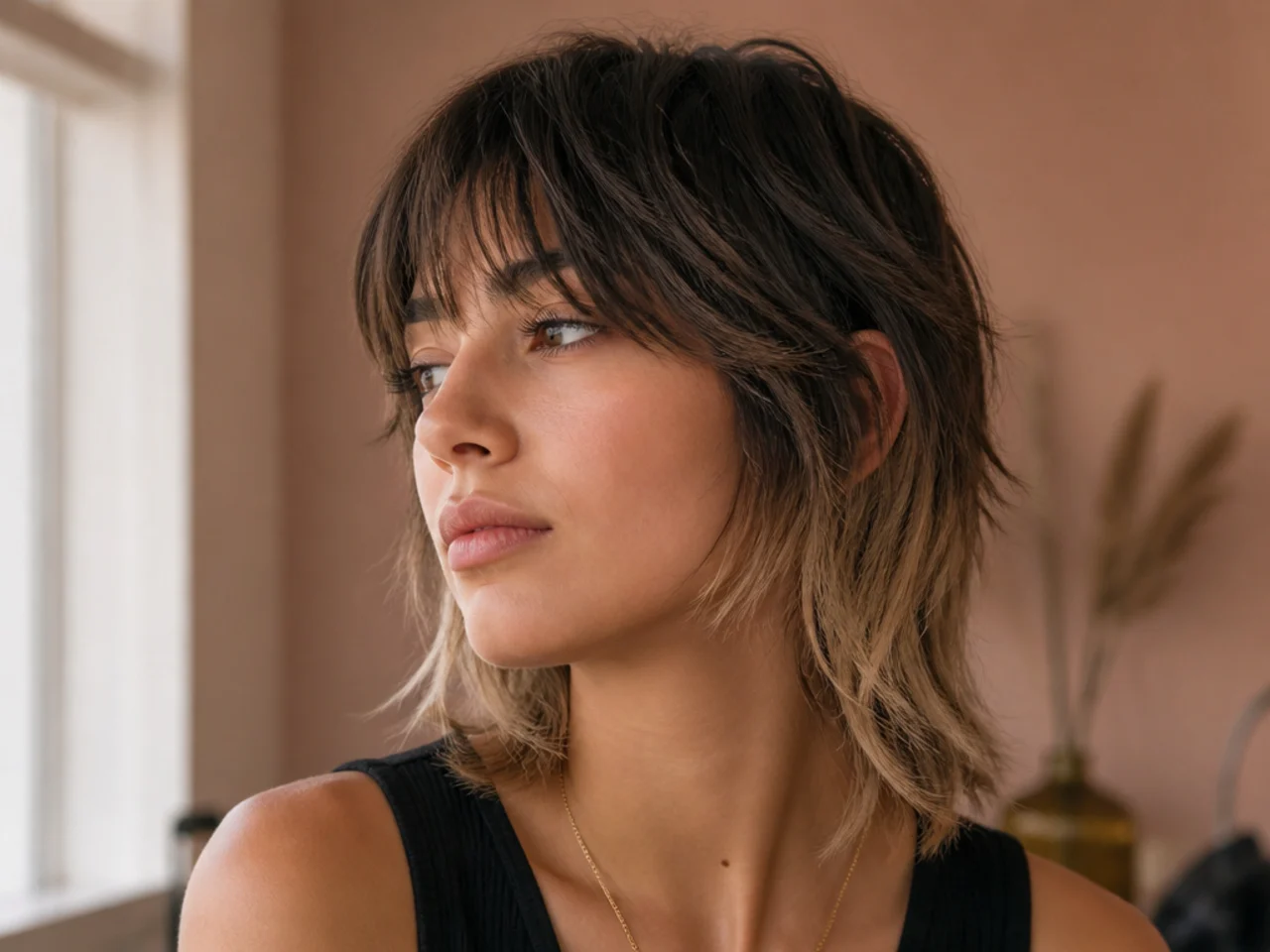 Short wolf cut with dark roots blending into lighter ends