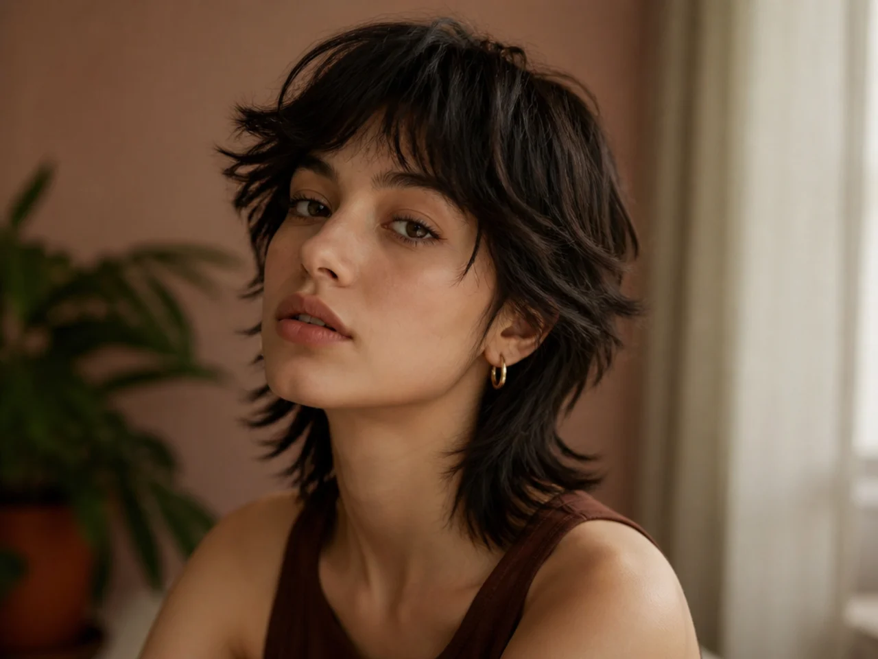 Short wolf cut styled with texture spray and separated ends