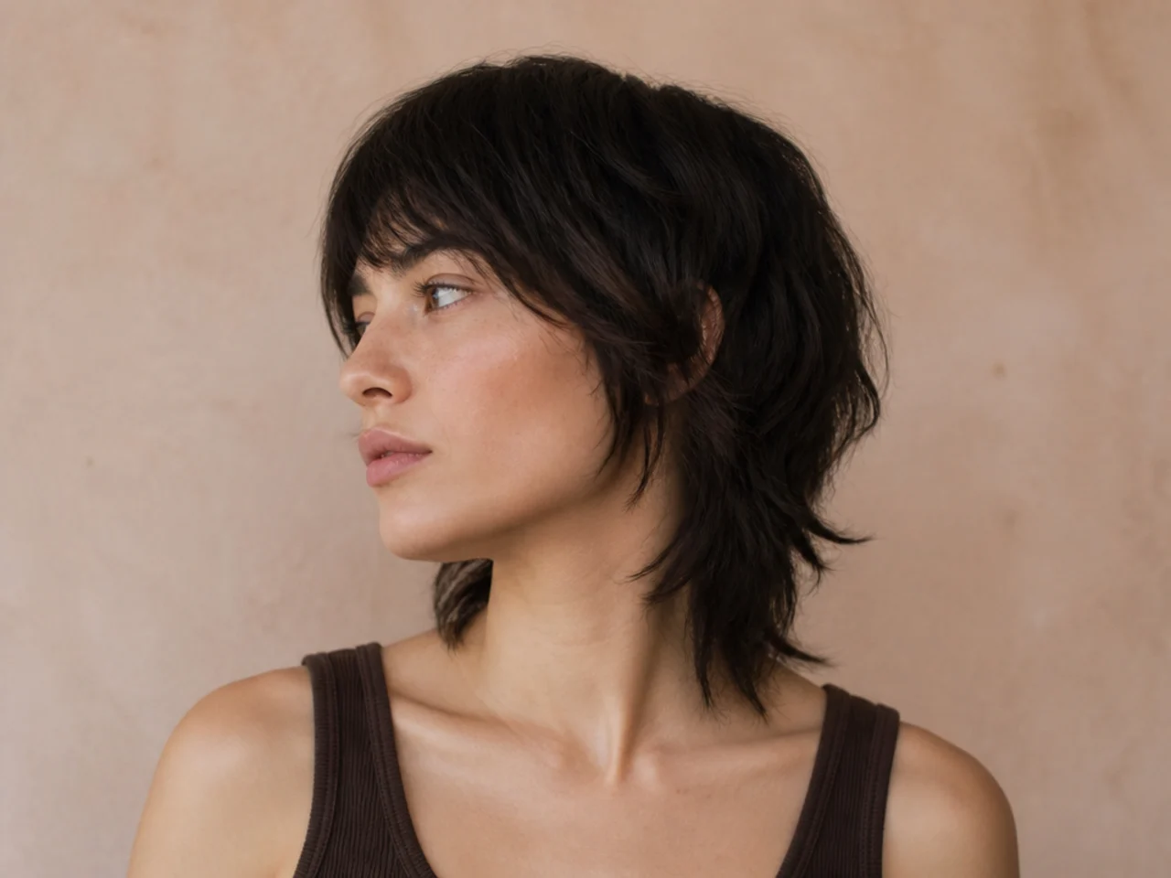 A grown out short wolf cut with a flattened crown and widened sides