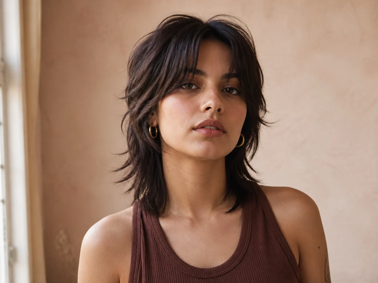 Short wolf cut with curtain bangs parted at the centre