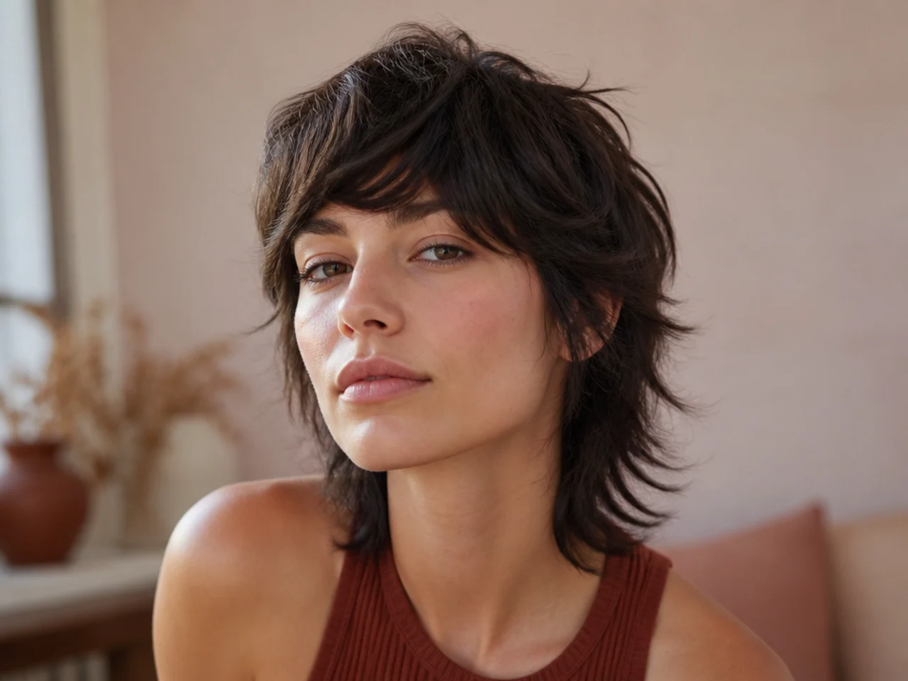 Short wolf cut with a fringe swept across the forehead