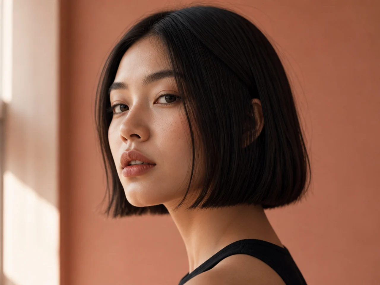 A blunt chin length haircut ending level with the widest part of the face