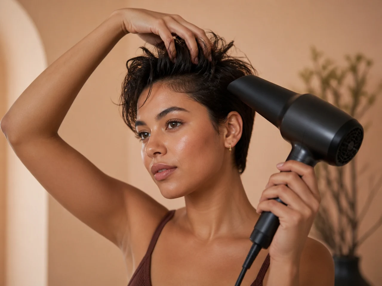 Short hair being dried upward at the roots with fingers