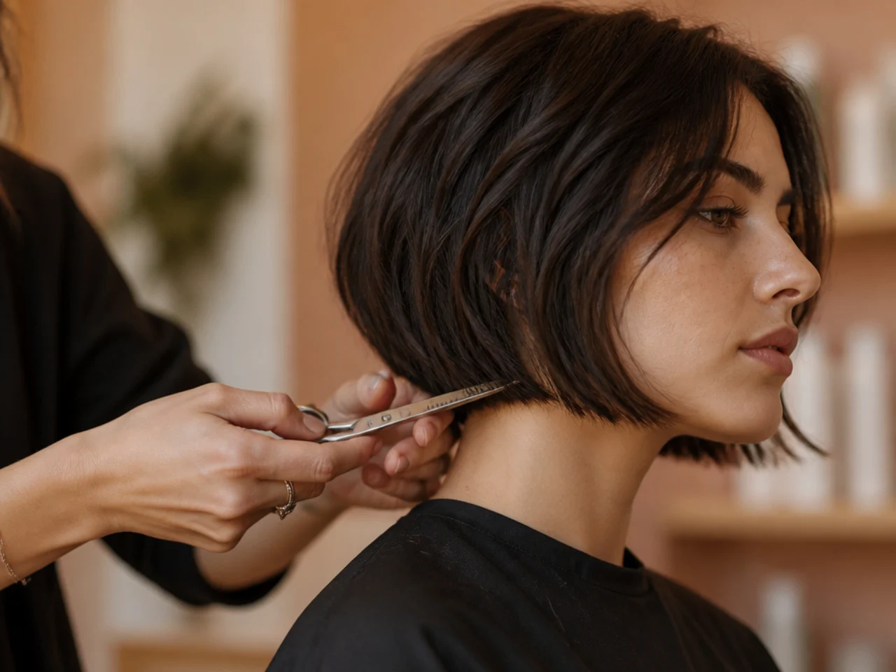 A stylist point cutting the ends of a short haircut at the jaw