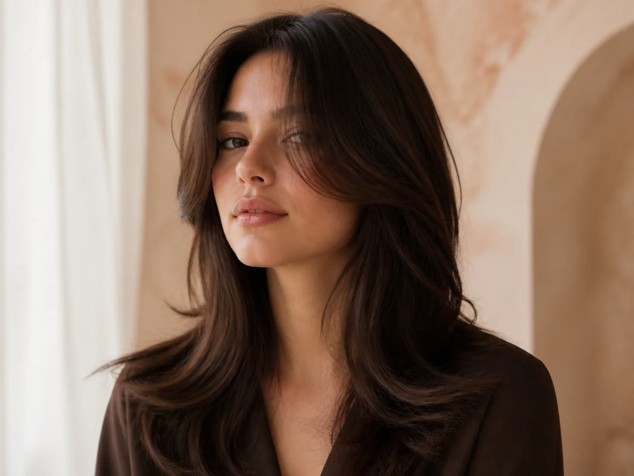 Long curtain bangs falling past the cheekbone on a layered cut