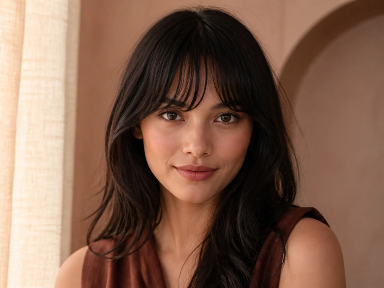A softly rounded fringe curving lower at the centre of the forehead