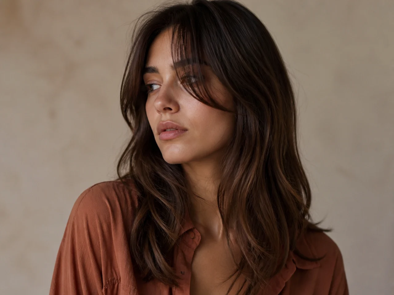 A grown out fringe reaching the cheekbone and merging into face framing layers