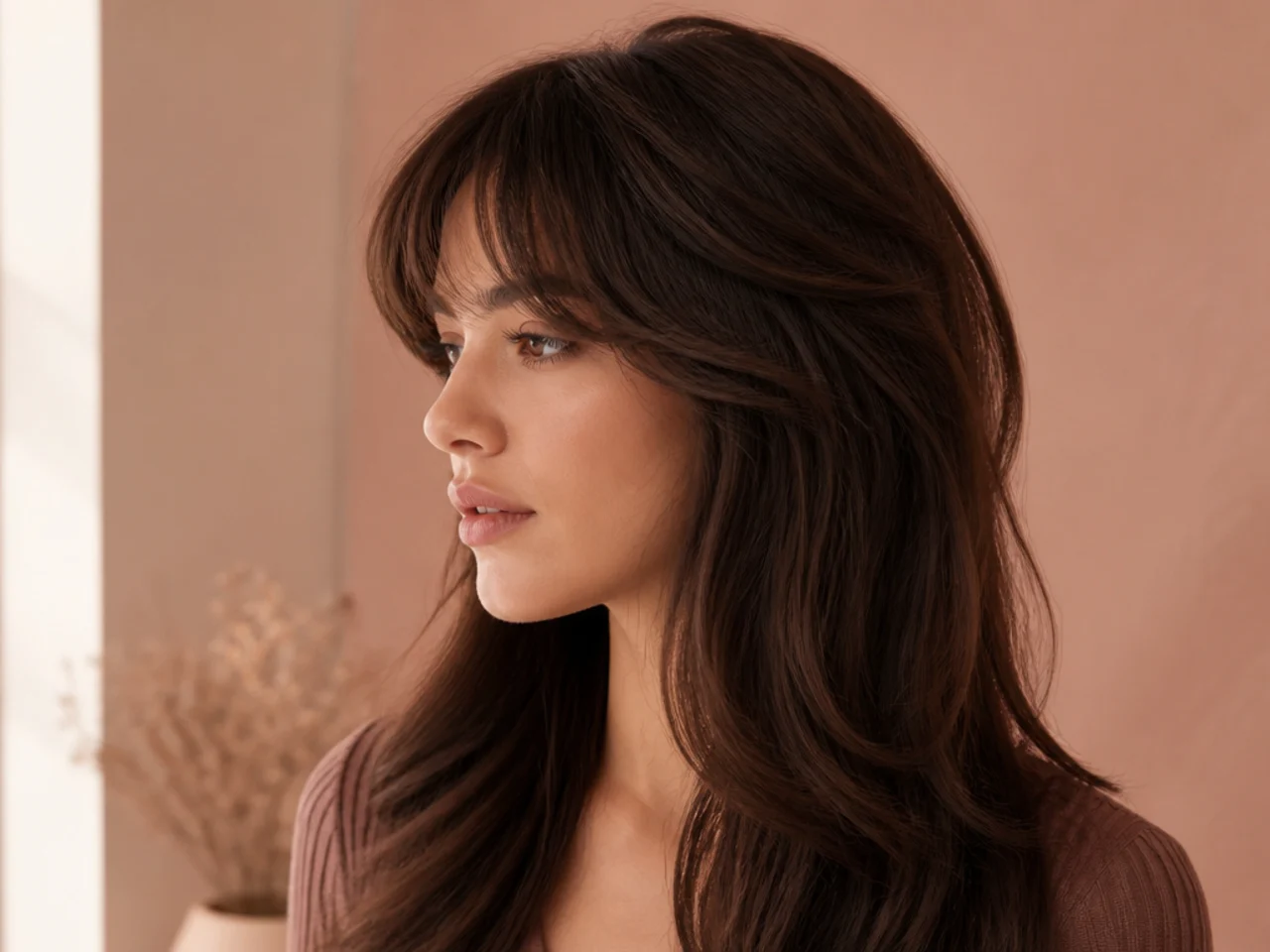 Feathered bangs sitting flat beneath stacked crown layers