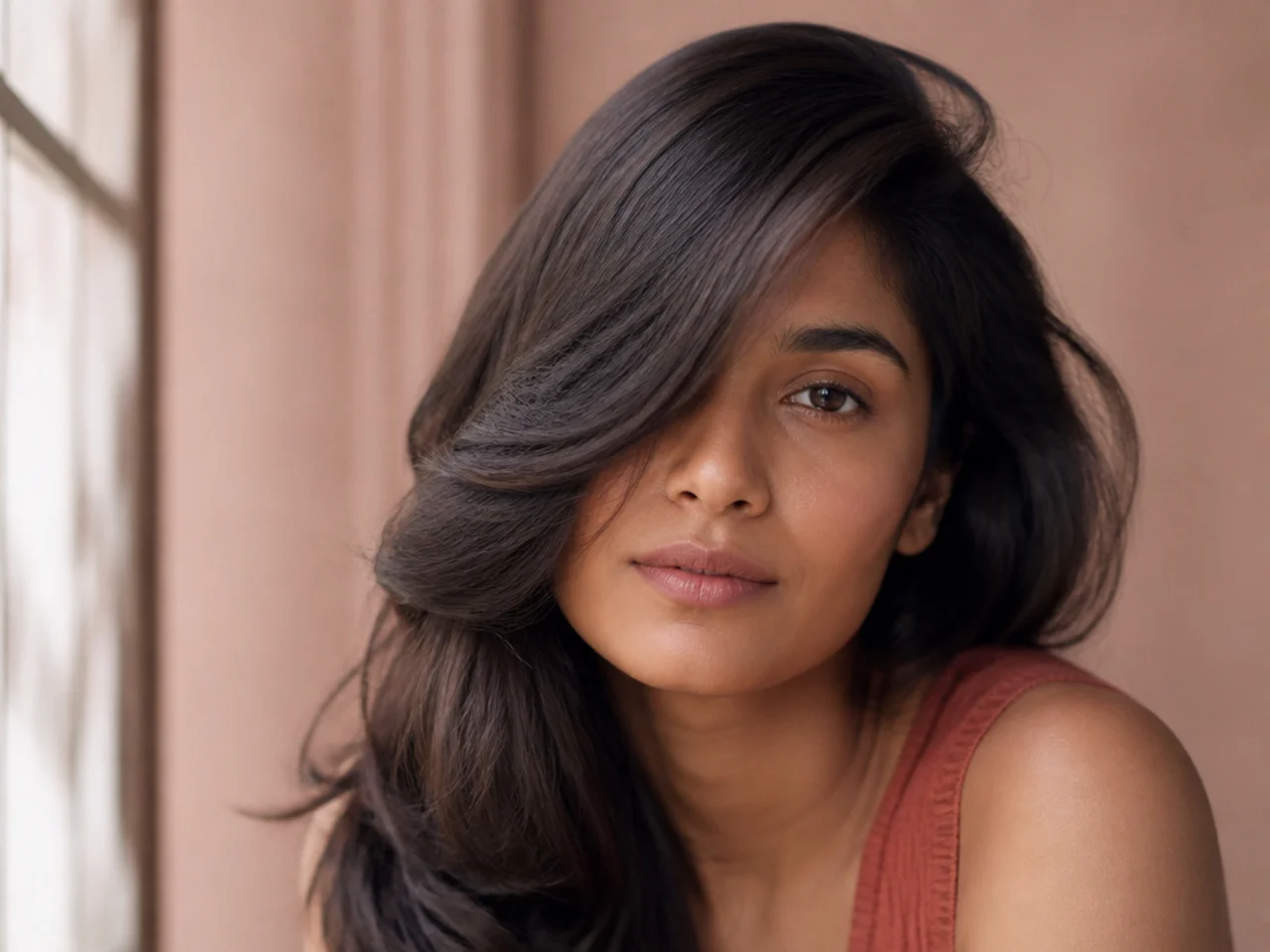 A deep side part sweeping a fringe across the forehead